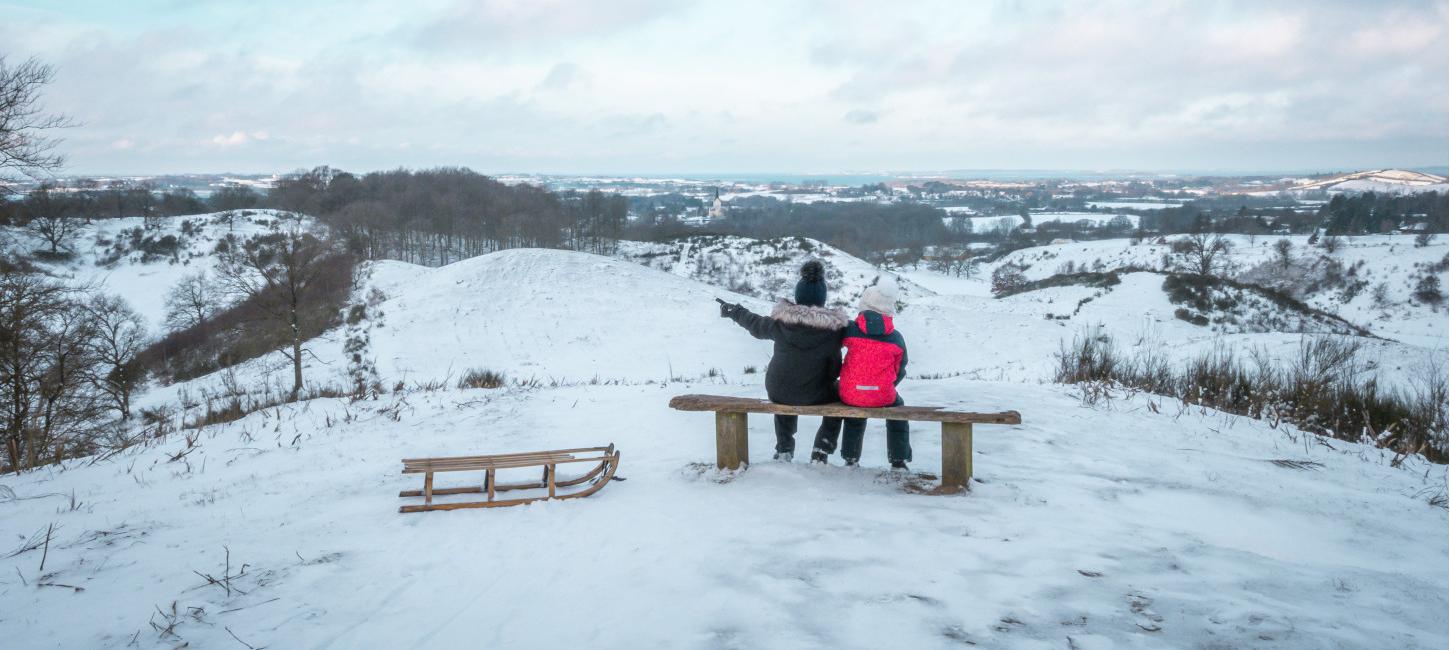 Svanninge Hills | Chrildren on a bench with a sled | Faaborg | Denmark